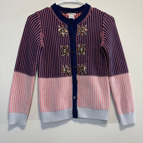 Crewcuts Embellished Knit Cardigan Sweater Navy Blue/Coral/Gray Girl Size 12 - Picture 1 of 6